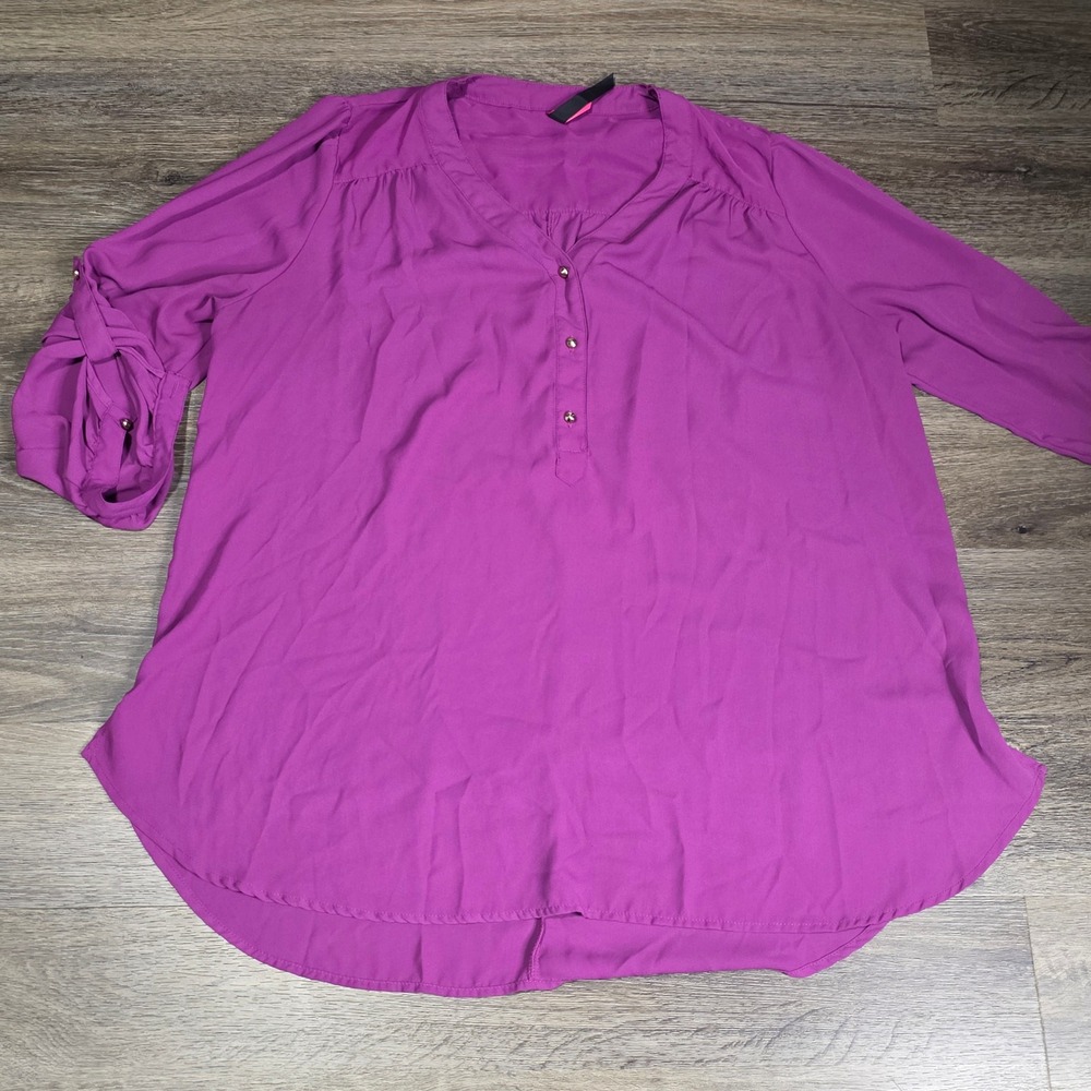 Pure Energy Womens 2 Henley‎ Blouse Magenta Purple Roll Tab High Low Hem Top